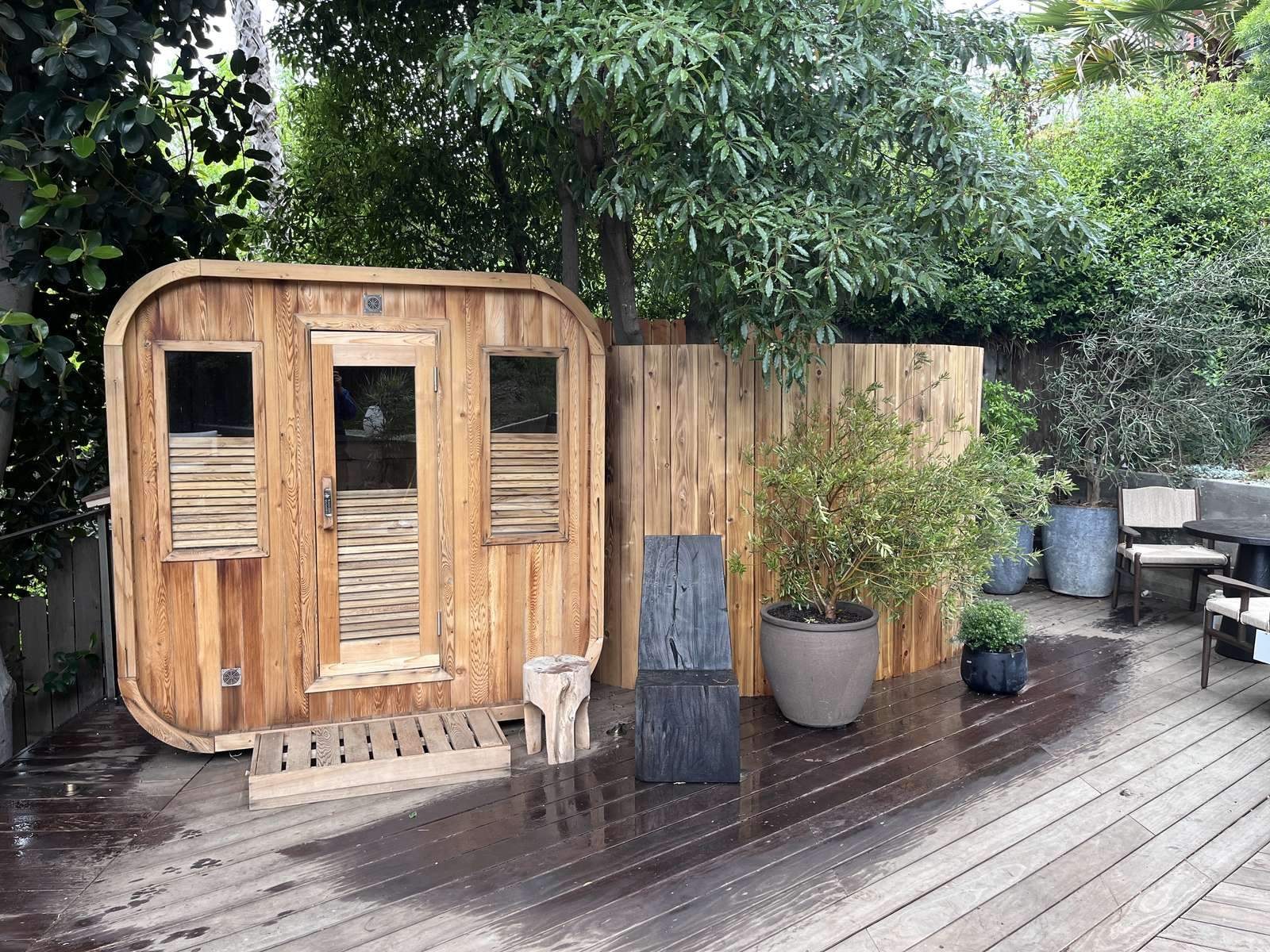 Cedar barrel on a garden deck in Temescal